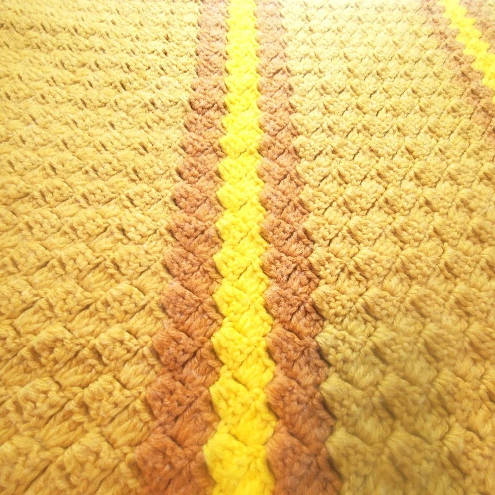 Vintage Handmade Crochet Lap Blanket Retro 70s Burnt Orange Mustard Yellow Throw